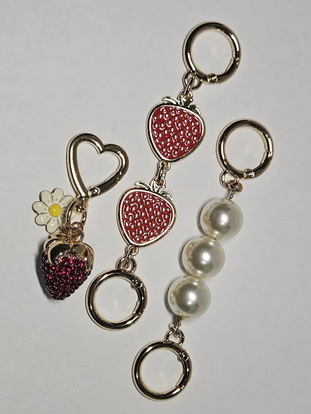 Luxury Rhinestone Strawberry & Pearl Gold Bag Charm Keychain Set - 3 Pcs